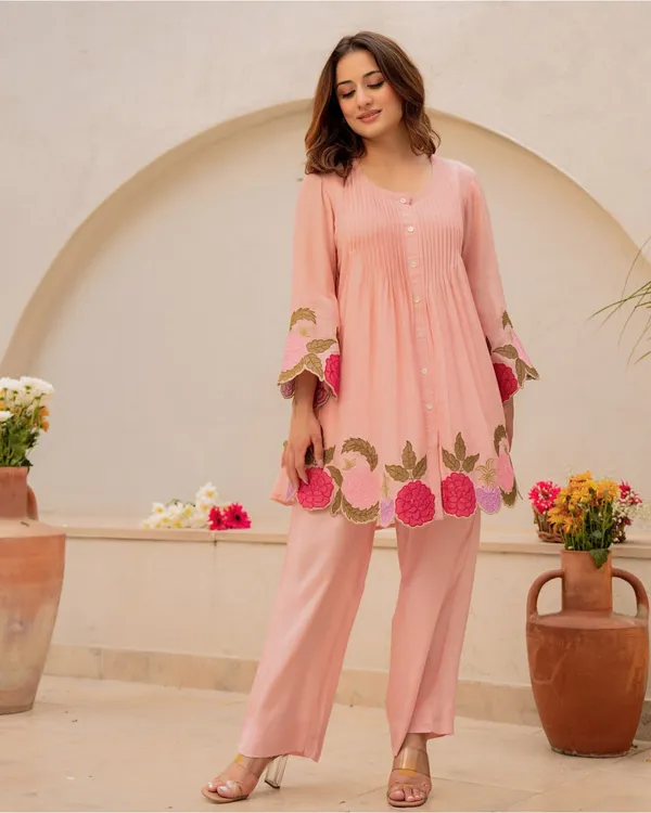 Peach_Premium_Cotton_With_Embroidery_Floral_Co-Ord_Set_For_Women