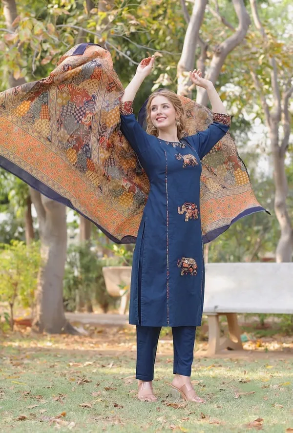 Blue_Premium_Cambric_Cotton_With_Patch_Work_Co-Ord_Set_For_Women