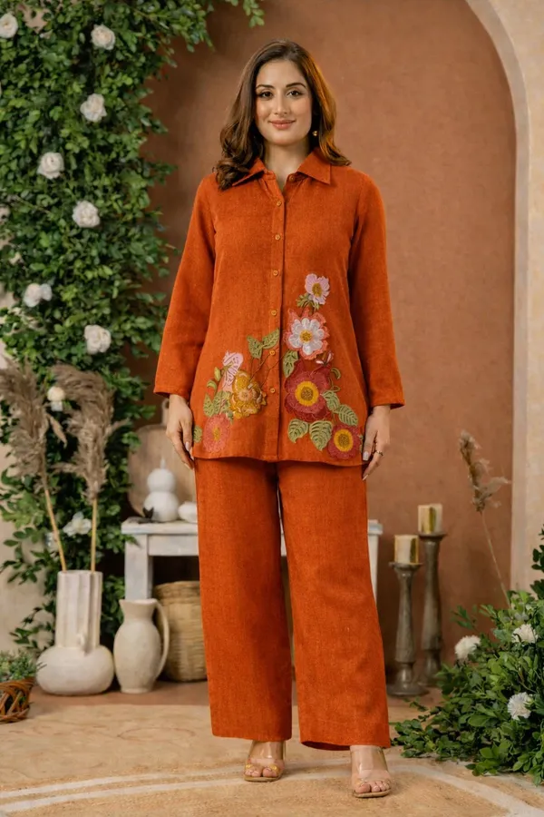 Brown_Premium_Cotton_Flex_With_Embroidery_Frock_Style_Co-Ord_Set_For_Women