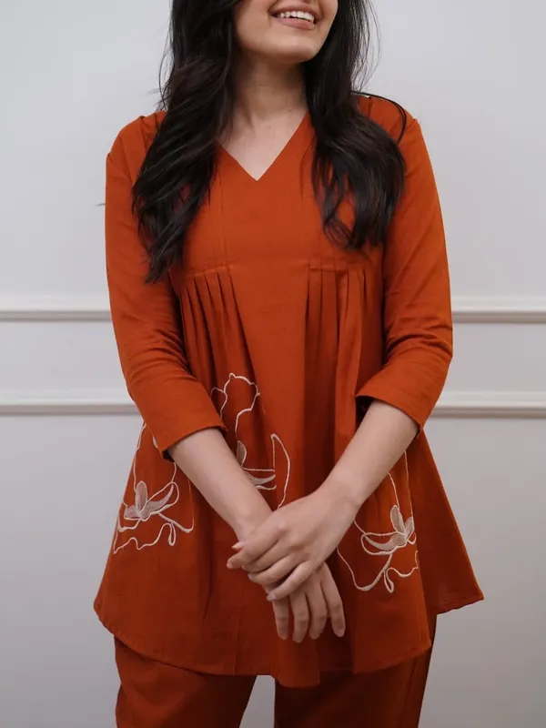 Brown_Premium_Cotton_Slub_With_Pintex_And_Embroidery_Work_Co-Ord_Set_For_Women