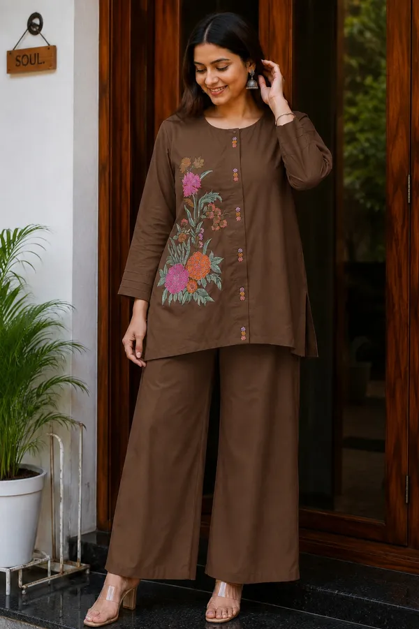 Brown_Premium_Cotton_With_Embroidery_Co-Ord_Set_For_Women