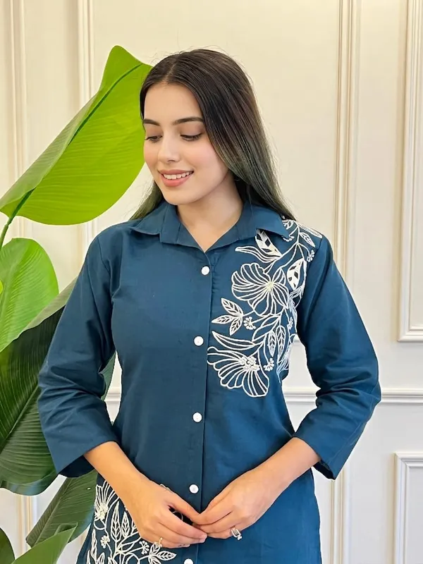 Blue_Premium_Pure_Cotton_With_Embroidery_Co-Ord_Set_For_Women