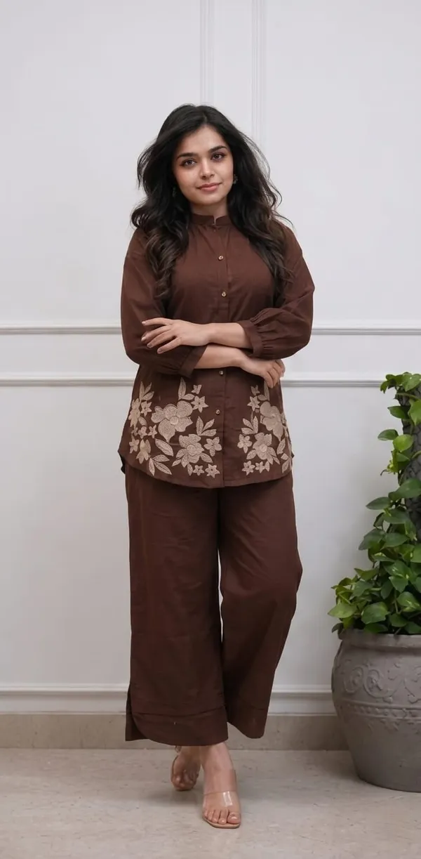 Brown_Premium_Cotton_With_Embroidery_Co-Ord_Set_For_Women