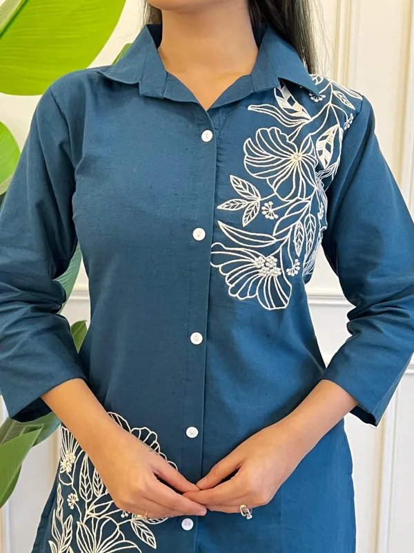 Blue_Premium_Pure_Cotton_With_Embroidery_Co-Ord_Set_For_Women