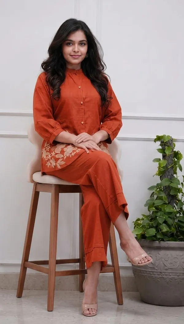 Orange_Premium_Cotton_With_Embroidery_Co-Ord_Set_For_Women