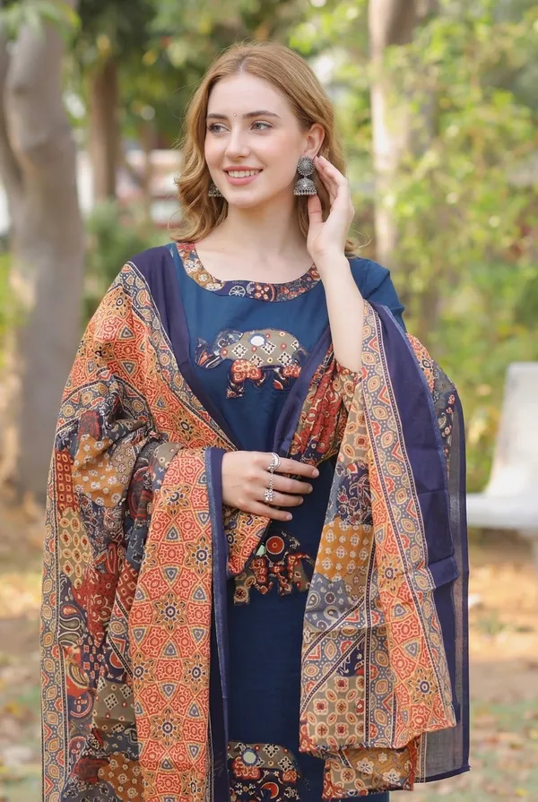 Blue_Premium_Cambric_Cotton_With_Patch_Work_Co-Ord_Set_For_Women
