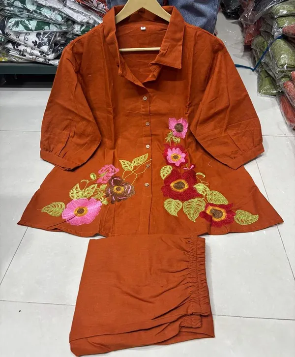 Brown_Premium_Cotton_Flex_With_Embroidery_Frock_Style_Co-Ord_Set_For_Women