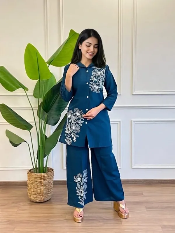 Blue_Premium_Pure_Cotton_With_Embroidery_Co-Ord_Set_For_Women