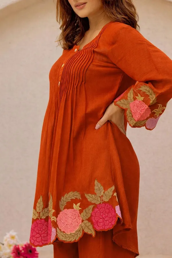 Orange_Premium_Cotton_With_Embroidery_Floral_Co-Ord_Set_For_Women