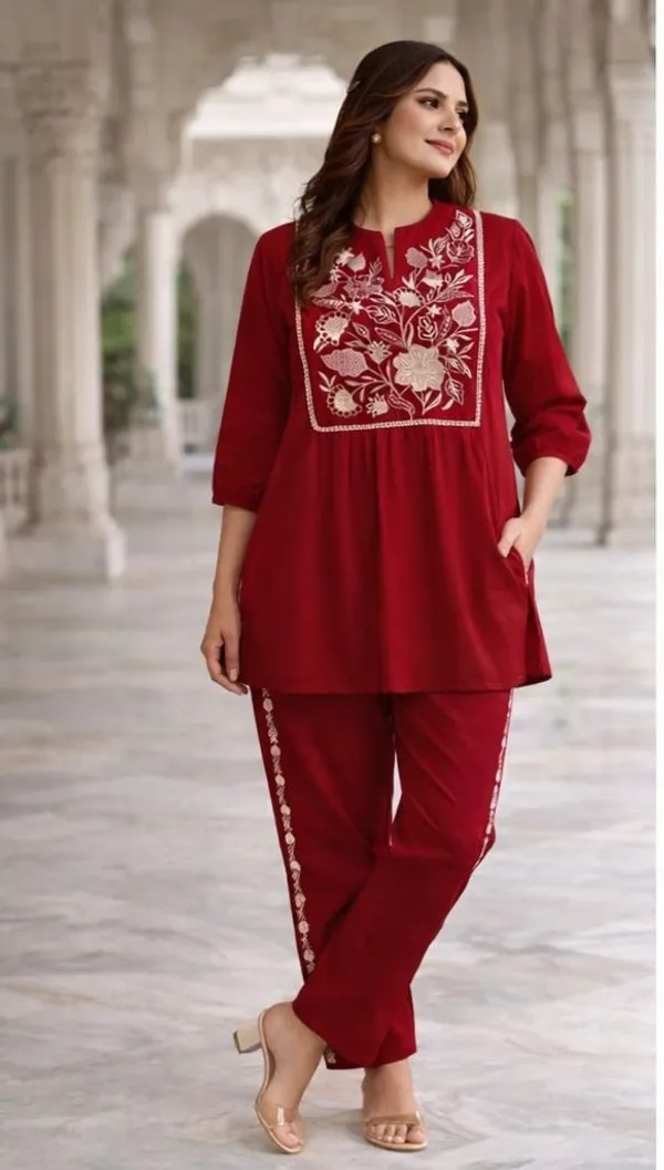 Red_Premium_Pure_Cotton_With_Full_Embroidery_Co-Ord_Set_For_Women
