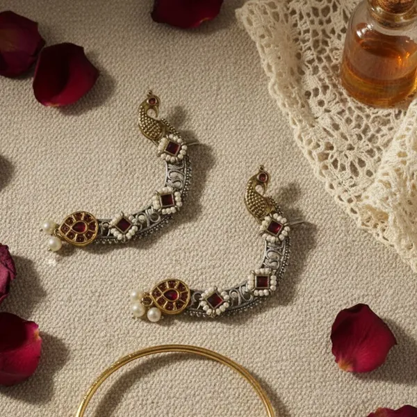 Rivah_highlighting_the_traditional_peacock_motif_and_intricate_silver-toned_metalwork_Alloy_Cuff_Earring_()