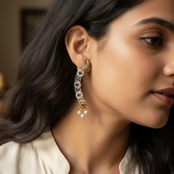 Rivah_highlighting_the_traditional_peacock_motif_and_intricate_silver-toned_metalwork_Alloy_Cuff_Earring_()
