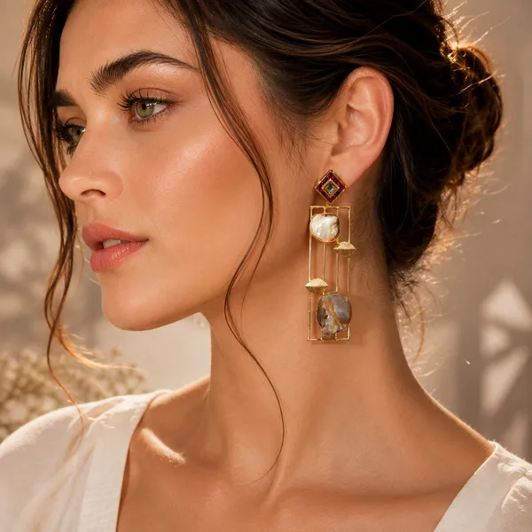 Elegant_Geometric_Statement_Earrings_with_Natural_Stone_&_Gemstone_Accents_|_Gold-Tone_Contemporary_Jewellery
