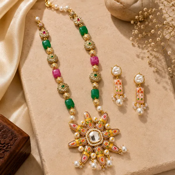 Handcrafted_Multicolour_Ethnic_Necklace_Set_with_Matching_Earrings_|_Gold-Tone_Statement_Jewellery