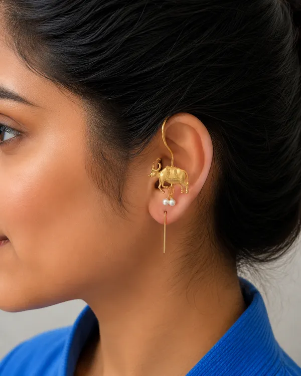 RIVAH_Gold-Tone_Bull_Motif_Pearl_Drop_Ear_pin_for_Women_|_Statement_Long_Dangle_Earrings_|_Festive_&_Party_Wear