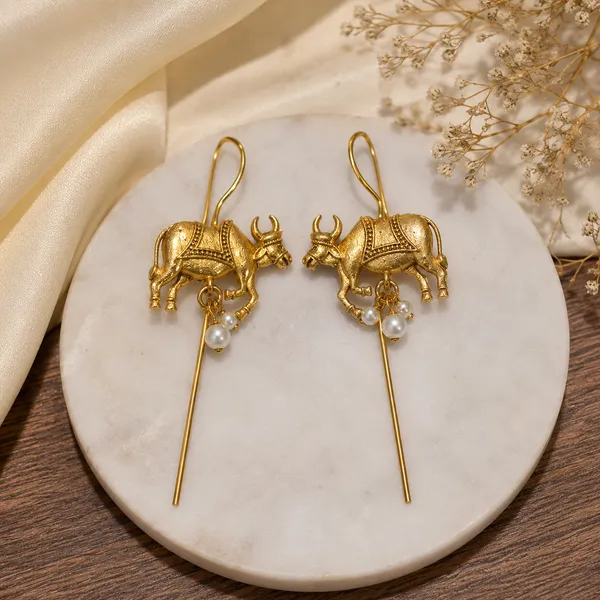 RIVAH_Gold-Tone_Bull_Motif_Pearl_Drop_Ear_pin_for_Women_|_Statement_Long_Dangle_Earrings_|_Festive_&_Party_Wear