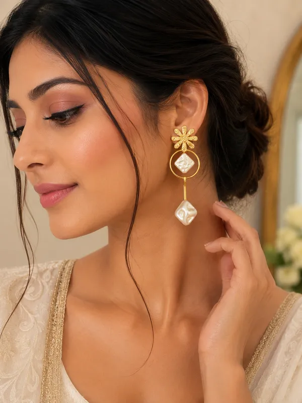 RIVAH_Gold-Tone_Floral_Pearl_Geometric_Drop_Earrings_for_Women_|_Lightweight_Statement_Earrings_|_Party_&_Ethnic_Wear