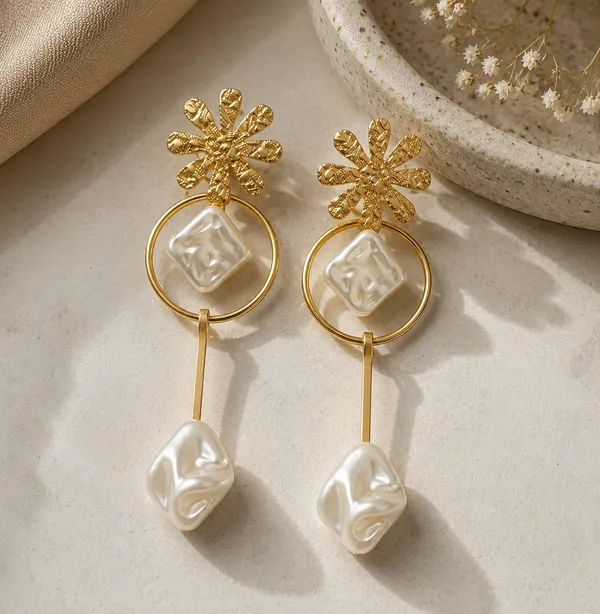 RIVAH_Gold-Tone_Floral_Pearl_Geometric_Drop_Earrings_for_Women_|_Lightweight_Statement_Earrings_|_Party_&_Ethnic_Wear