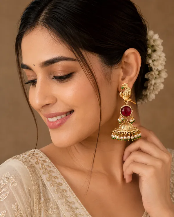 RIVAH_Gold_Tone_Peacock_Design_Maroon_Stone_&_Pearl_Jhumka_Earrings_for_Women