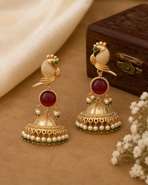 RIVAH_Gold_Tone_Peacock_Design_Maroon_Stone_&_Pearl_Jhumka_Earrings_for_Women