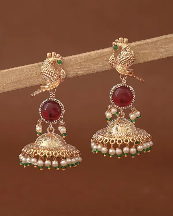 RIVAH_Gold_Tone_Peacock_Design_Maroon_Stone_&_Pearl_Jhumka_Earrings_for_Women