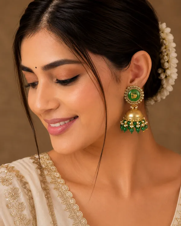 RIVAH_Golden_Green_Elephant_Motif_Kundan_Jhumka_Earrings_with_Pearl_&_Green_Bead_Drops