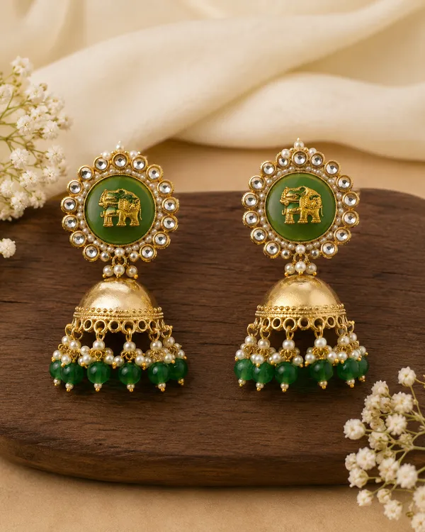 RIVAH_Golden_Green_Elephant_Motif_Kundan_Jhumka_Earrings_with_Pearl_&_Green_Bead_Drops