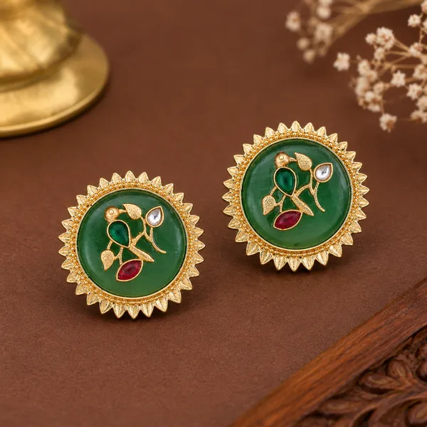 RIVAH_Golden_Green_Enamel_Bird_Motif_Stud_Earrings_with_Kundan_Accents
