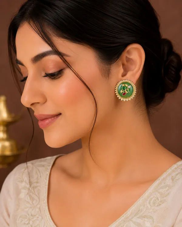 RIVAH_Golden_Green_Enamel_Bird_Motif_Stud_Earrings_with_Kundan_Accents