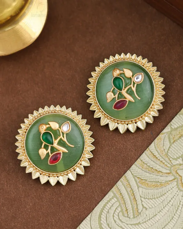RIVAH_Golden_Green_Enamel_Bird_Motif_Stud_Earrings_with_Kundan_Accents