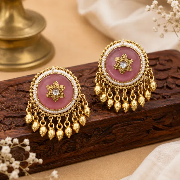 RIVAH_Golden_Pink_Stone_Floral_Stud_Earrings_with_Pearl_Border_&_Dangling_Charms