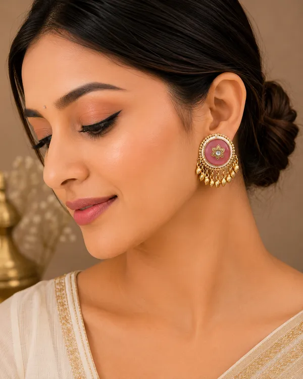 RIVAH_Golden_Pink_Stone_Floral_Stud_Earrings_with_Pearl_Border_&_Dangling_Charms