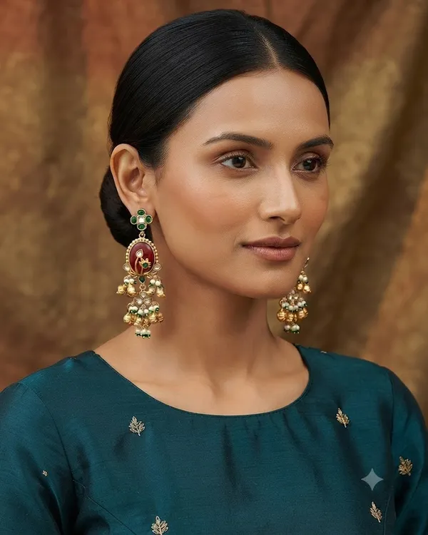 RIVAH_Handcrafted_Ruby-Tone_Oval_Jhumkas_with_Emerald_Accents