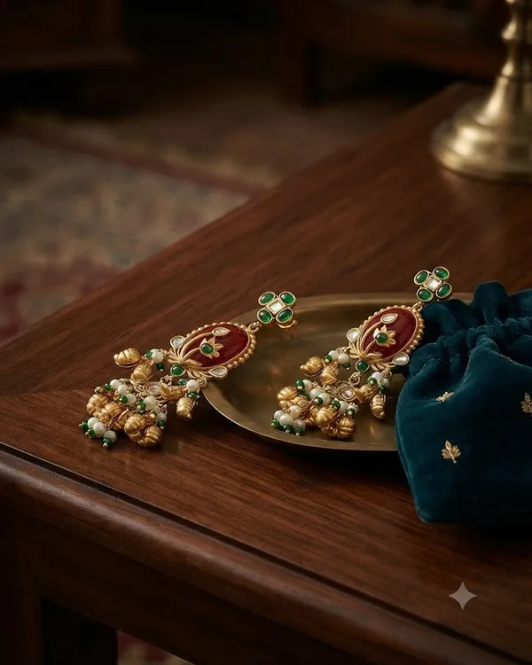 RIVAH_Handcrafted_Ruby-Tone_Oval_Jhumkas_with_Emerald_Accents