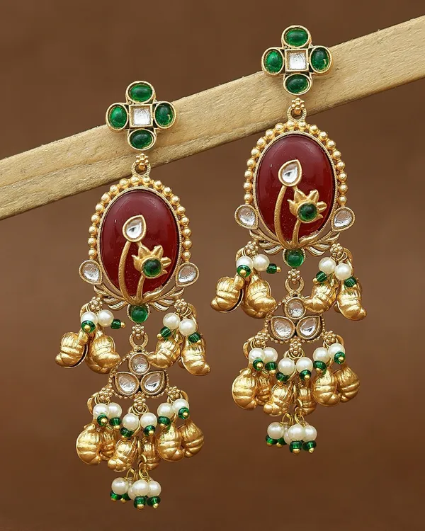 RIVAH_Handcrafted_Ruby-Tone_Oval_Jhumkas_with_Emerald_Accents