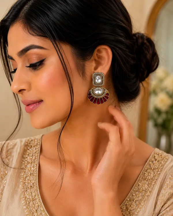 RIVAH_Maroon_Kundan_Statement_Drop_Earrings_for_Women_|_Gold-Tone_Ethnic_Party_&_Wedding_Earrings