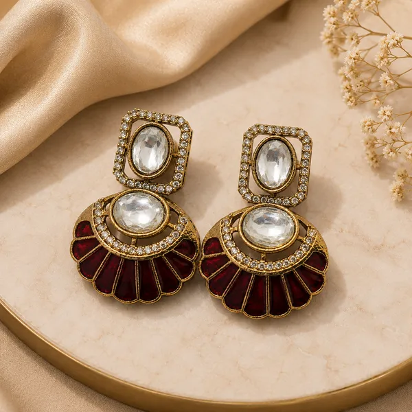 RIVAH_Maroon_Kundan_Statement_Drop_Earrings_for_Women_|_Gold-Tone_Ethnic_Party_&_Wedding_Earrings