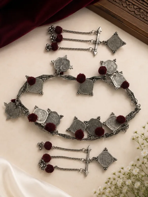 RIVAH_Oxidised_Silver_Coin_Necklace_Set_with_Statement_Earrings