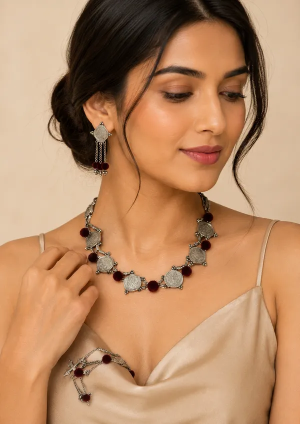 RIVAH_Oxidised_Silver_Coin_Necklace_Set_with_Statement_Earrings
