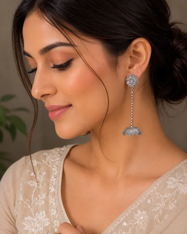 RIVAH_Oxidised_Silver-Plated_Floral_Long_Drop_Earrings_|_Lotus-Inspired_Statement_Danglers_for_Women