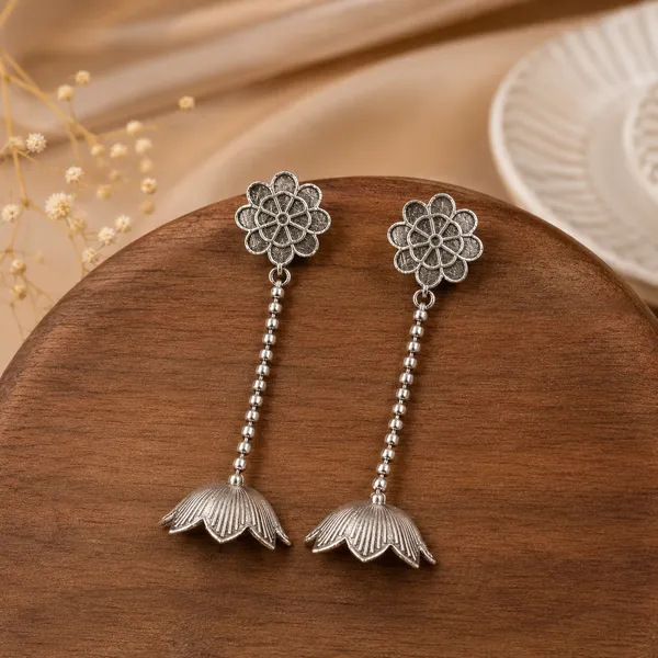 RIVAH_Oxidised_Silver-Plated_Floral_Long_Drop_Earrings_|_Lotus-Inspired_Statement_Danglers_for_Women
