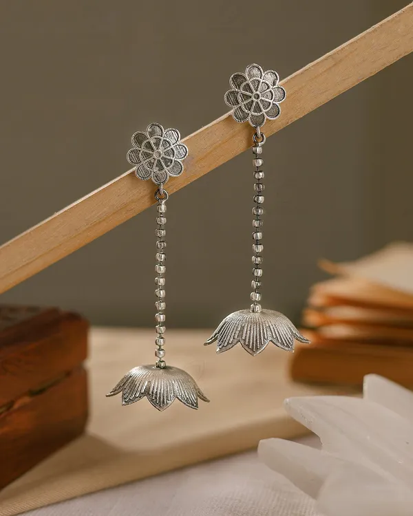 RIVAH_Oxidised_Silver-Plated_Floral_Long_Drop_Earrings_|_Lotus-Inspired_Statement_Danglers_for_Women