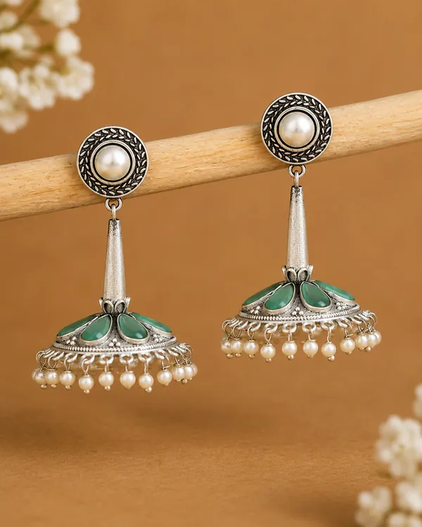 RIVAH_Oxidised_Silver-Plated_Green_Stone_&_Pearl_Jhumka_Earrings_for_Women