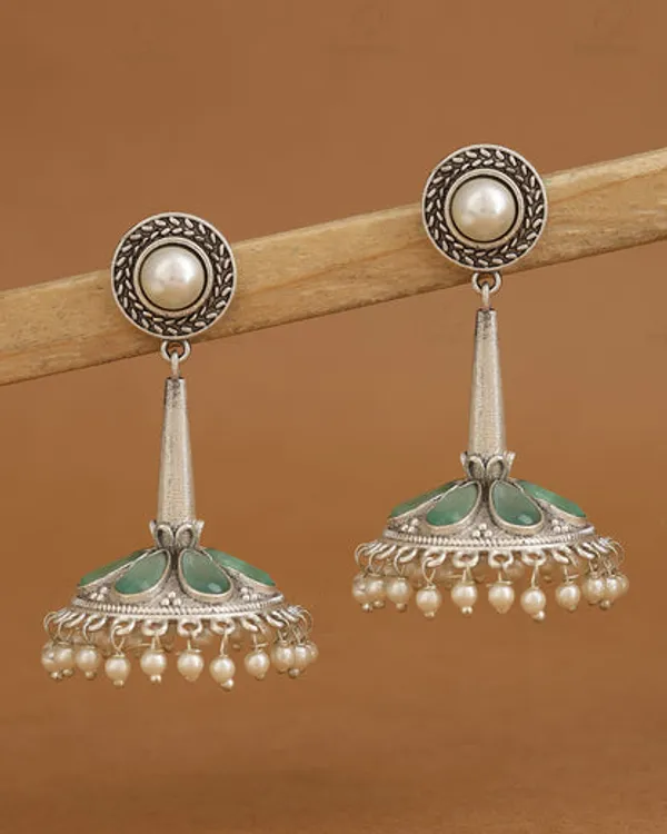 RIVAH_Oxidised_Silver-Plated_Green_Stone_&_Pearl_Jhumka_Earrings_for_Women