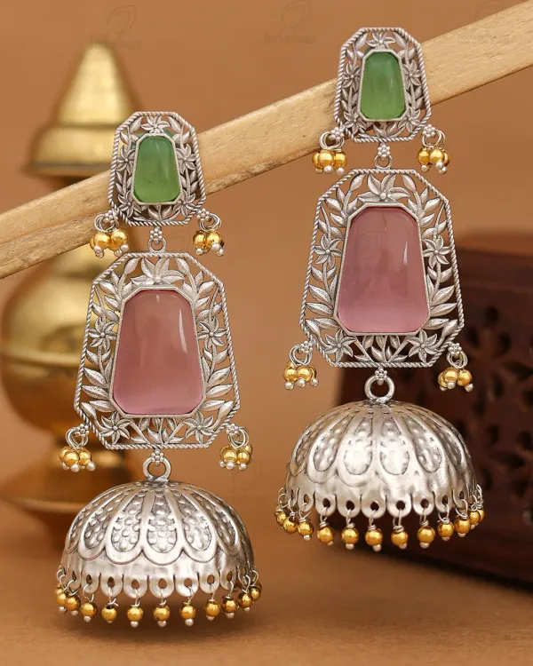 RIVAH_Oxidised_Silver-Plated_Green_&_Blush_Pink_Stone_Statement_Jhumka_Earrings_for_Women