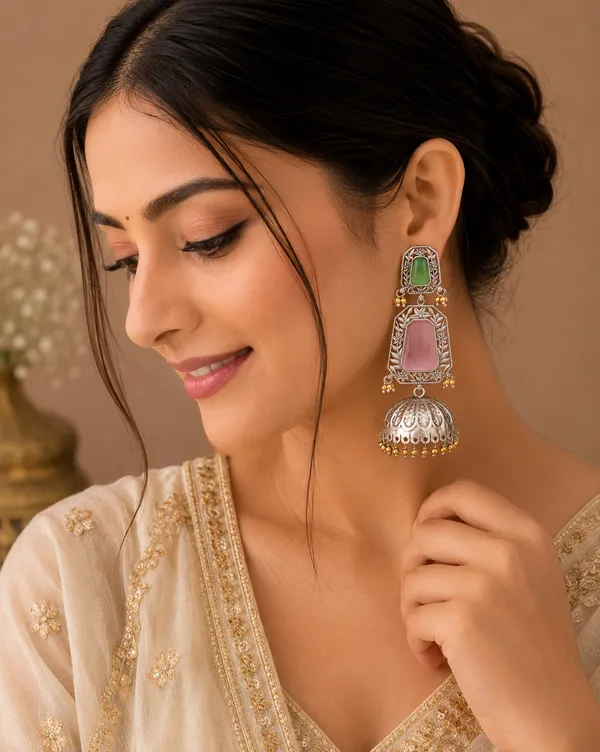 RIVAH_Oxidised_Silver-Plated_Green_&_Blush_Pink_Stone_Statement_Jhumka_Earrings_for_Women