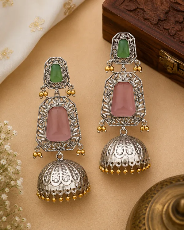 RIVAH_Oxidised_Silver-Plated_Green_&_Blush_Pink_Stone_Statement_Jhumka_Earrings_for_Women