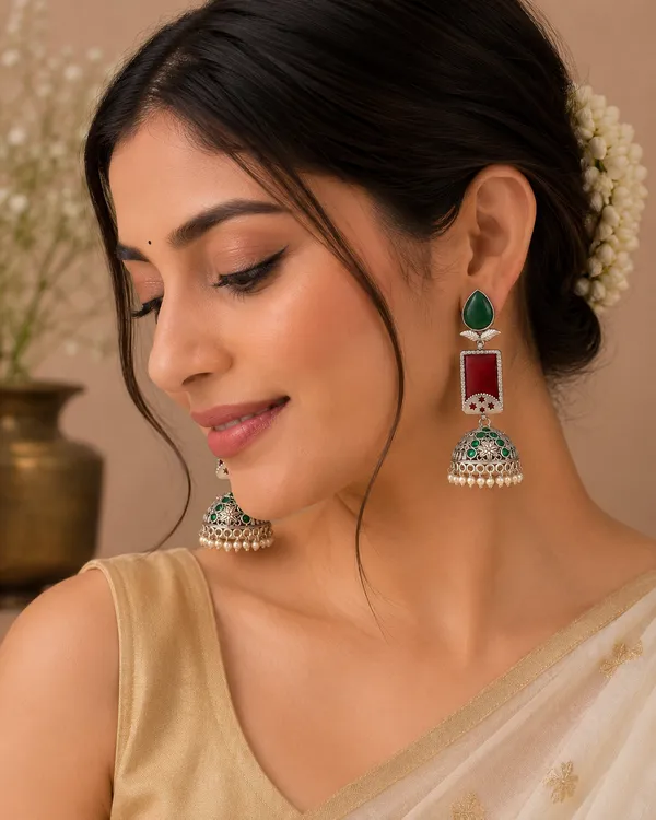 RIVAH_Oxidised_Silver-Plated_Green_&_Red_Stone_Jhumka_Earrings_with_Pearl_Drops_for_Women