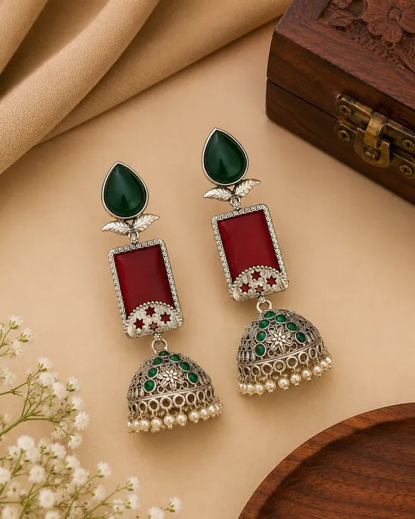 RIVAH_Oxidised_Silver-Plated_Green_&_Red_Stone_Jhumka_Earrings_with_Pearl_Drops_for_Women