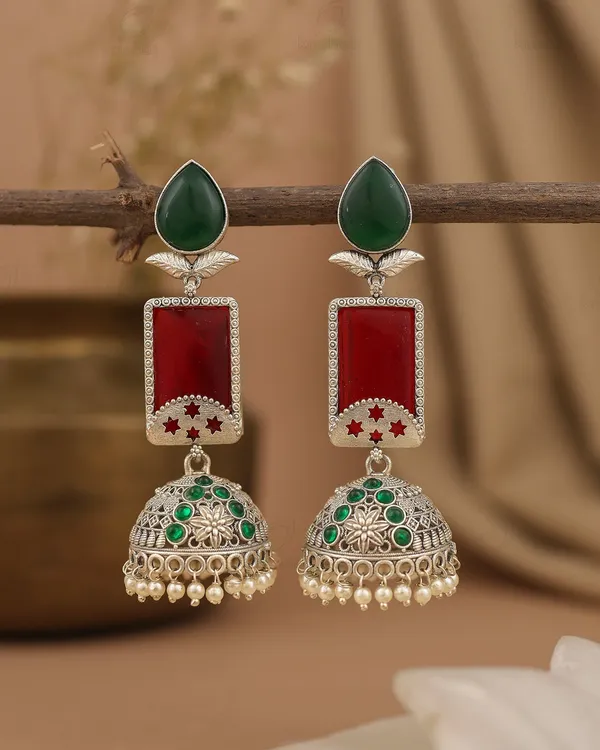 RIVAH_Oxidised_Silver-Plated_Green_&_Red_Stone_Jhumka_Earrings_with_Pearl_Drops_for_Women